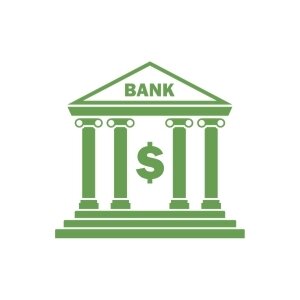 Green banking methods icon showing a bank with a dollar sign